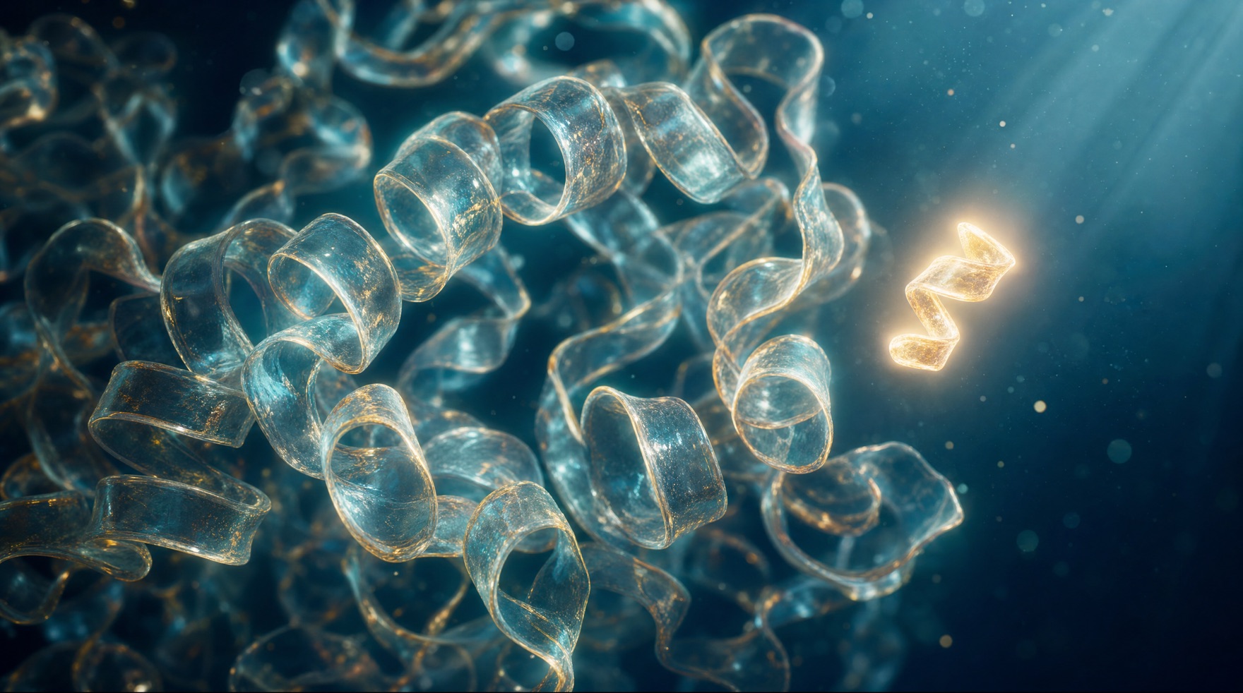 A large translucent coiled protein ribbon with its short final tail segment detached and glowing brightly nearby