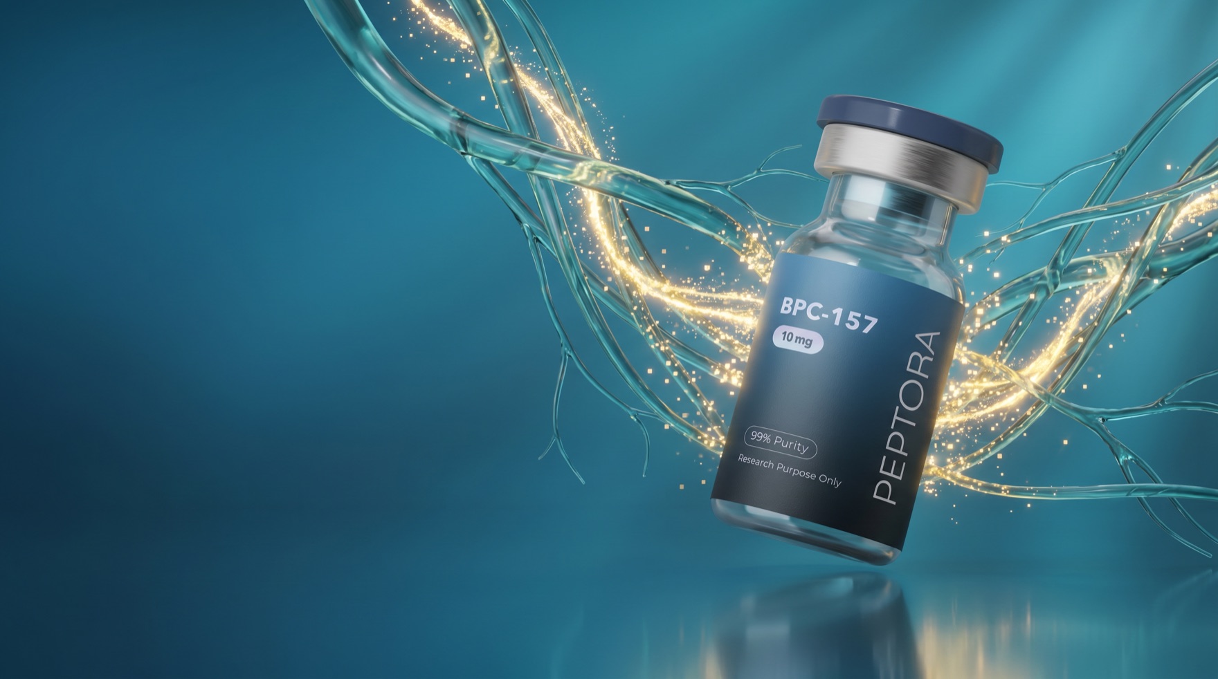 BPC-157 research vial amid a tissue-repair visualization