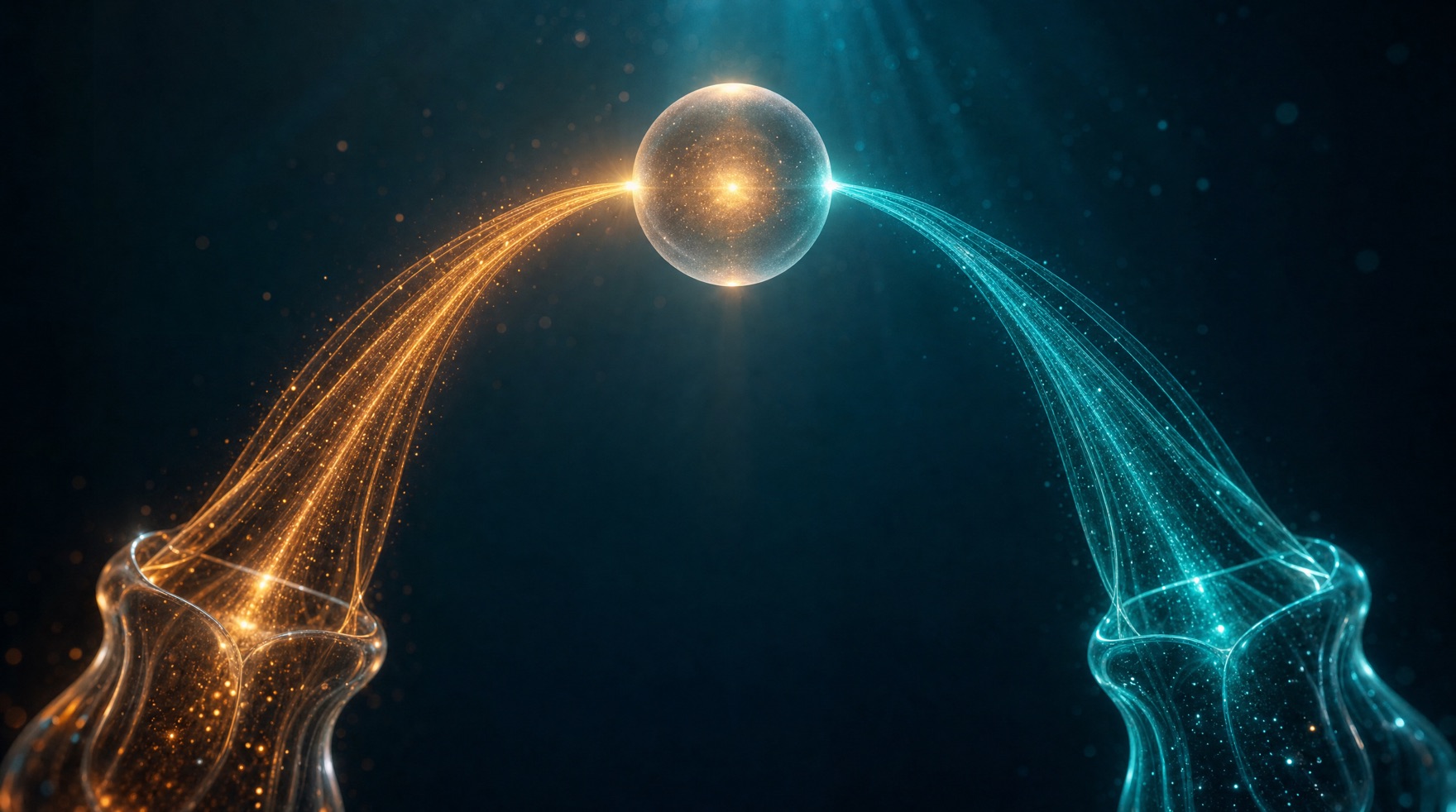 Two separate ribbons of light β one amber, one teal β rising from different origins and converging on a single glowing sphere