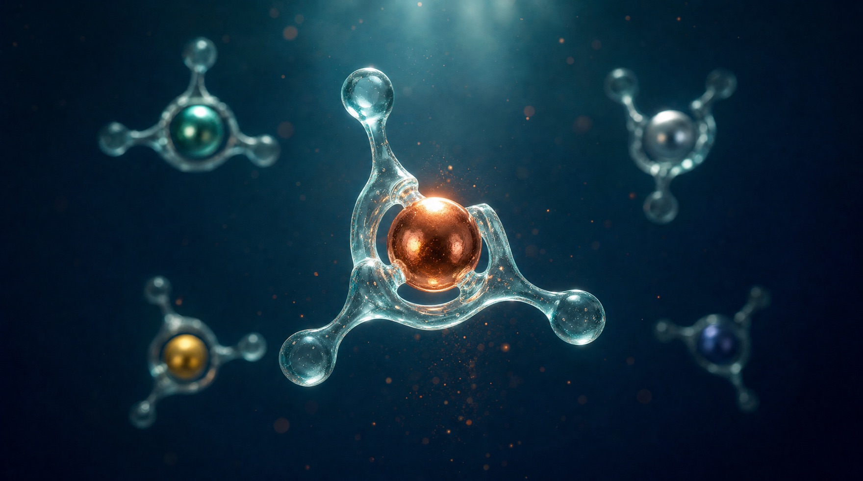 A glass three-link peptide cradling a glowing copper sphere, surrounded by other dimmer metal-carrying complexes