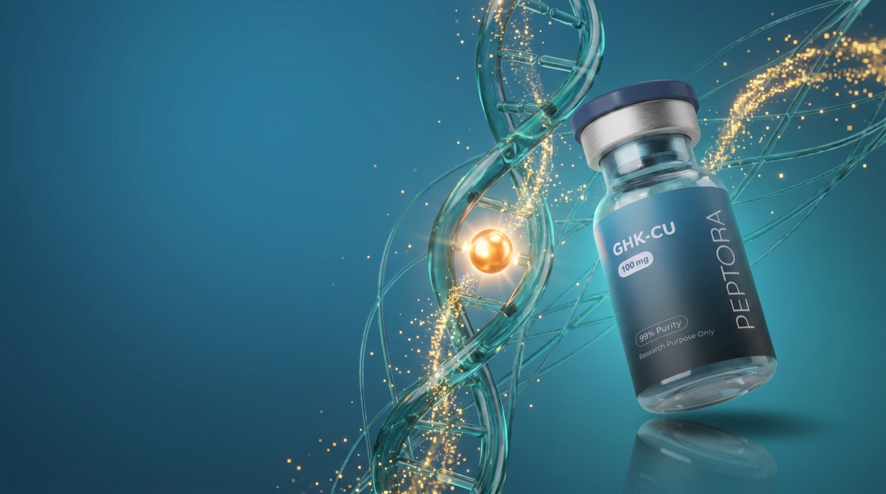 GHK-Cu research vial amid a collagen helix and copper-ion visualization
