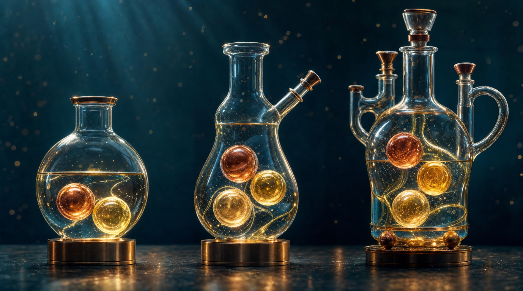 Three glass research vessels holding two, three, and four glowing spheres β the GLOW, KLOW and Wolverine blends compared