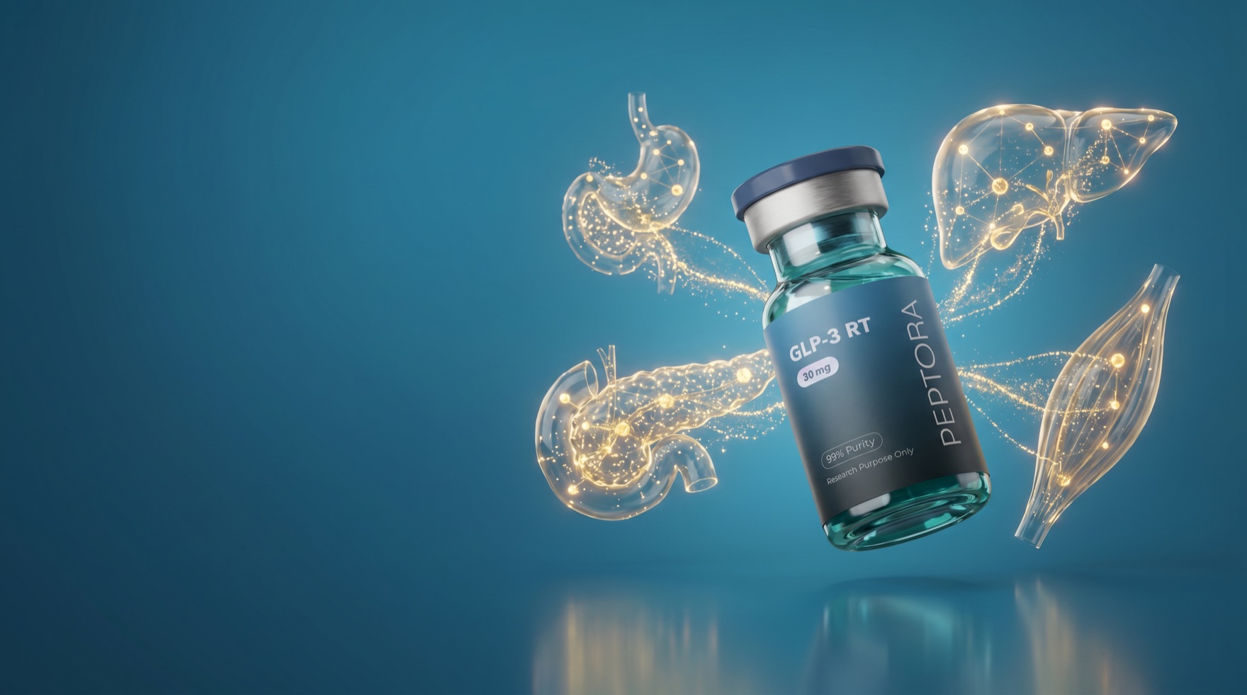 GLP-3 RT research vial amid a metabolic-signaling visualization