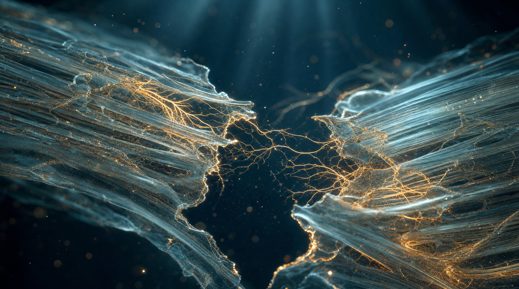 Glowing golden filaments weaving across a torn bundle of translucent glass fibers β a visual metaphor for new blood vessels growing into damaged tissue