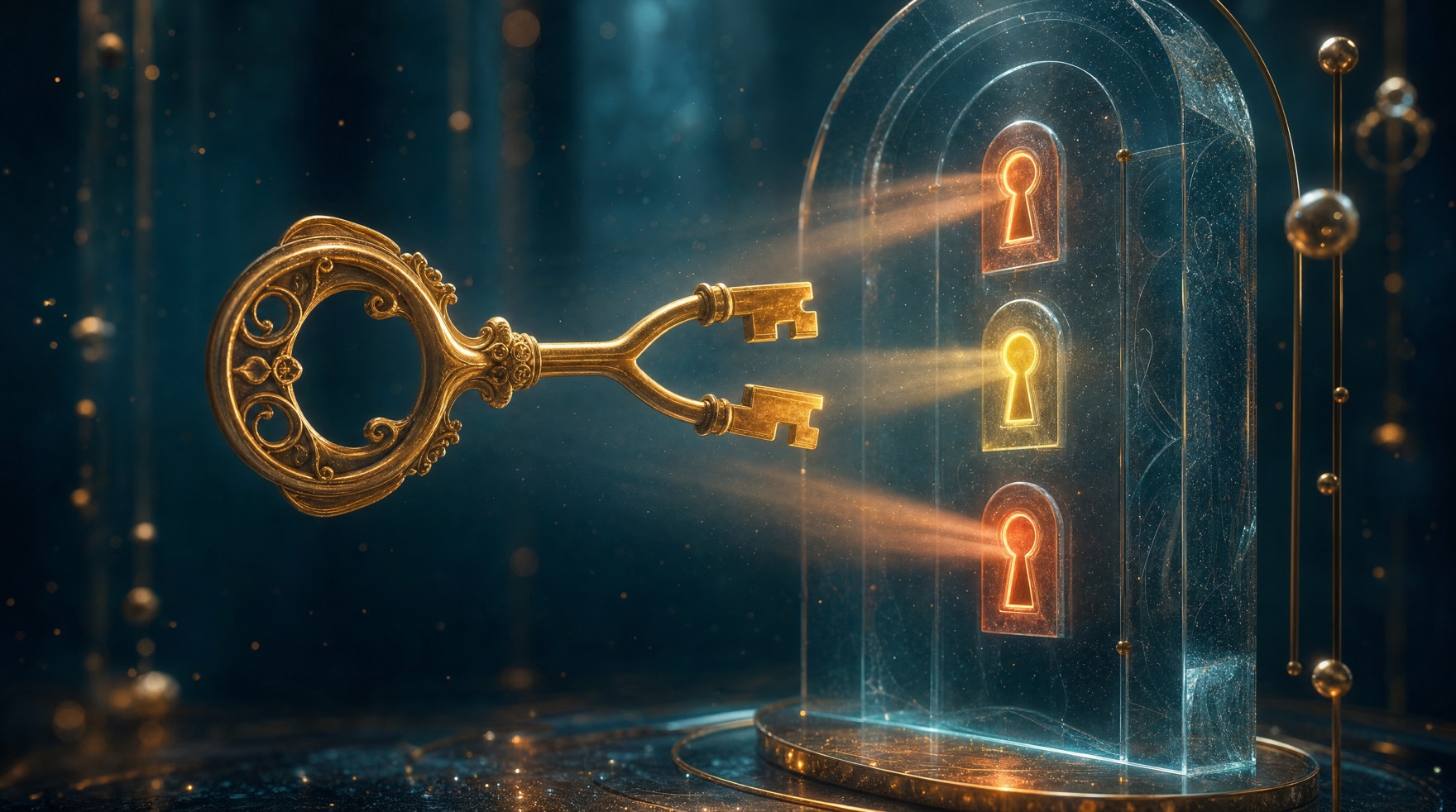 One golden key branching into three bits, aligned with three glowing keyholes β a visual metaphor for triple receptor agonism