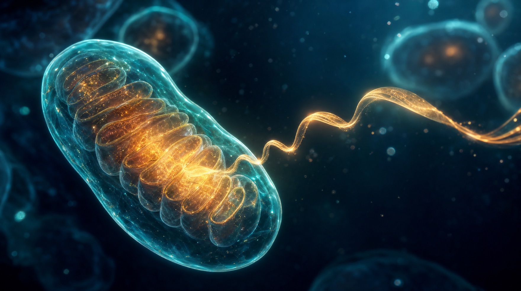 A glowing translucent mitochondrion sending a ribbon of golden light outward toward distant cells