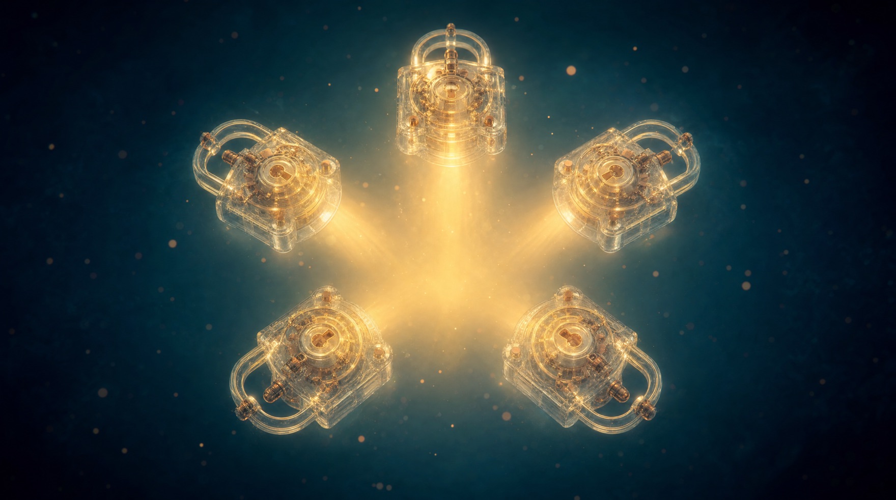 Five translucent glass locks arranged in a ring, all lit at once by a single broad golden beam of light