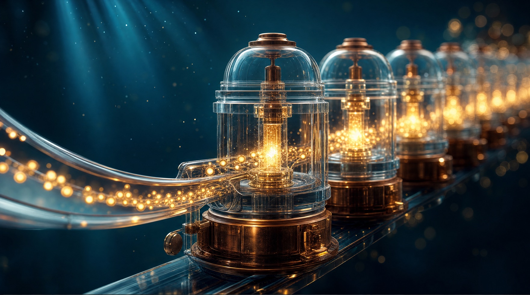 A stream of glowing gold tokens flowing into a row of translucent glass machines that light up β a visual metaphor for NAD+ powering sirtuin enzymes