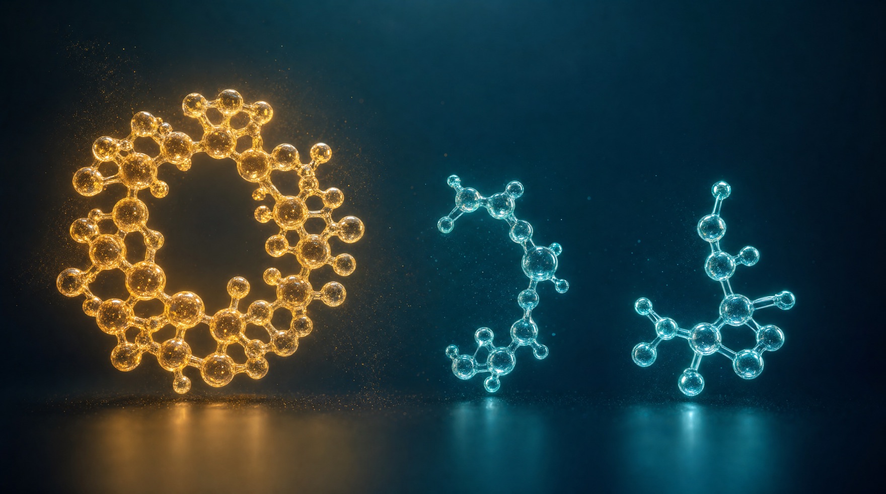 One large golden NAD+ molecule beside two smaller cyan precursor molecules, NMN and NR