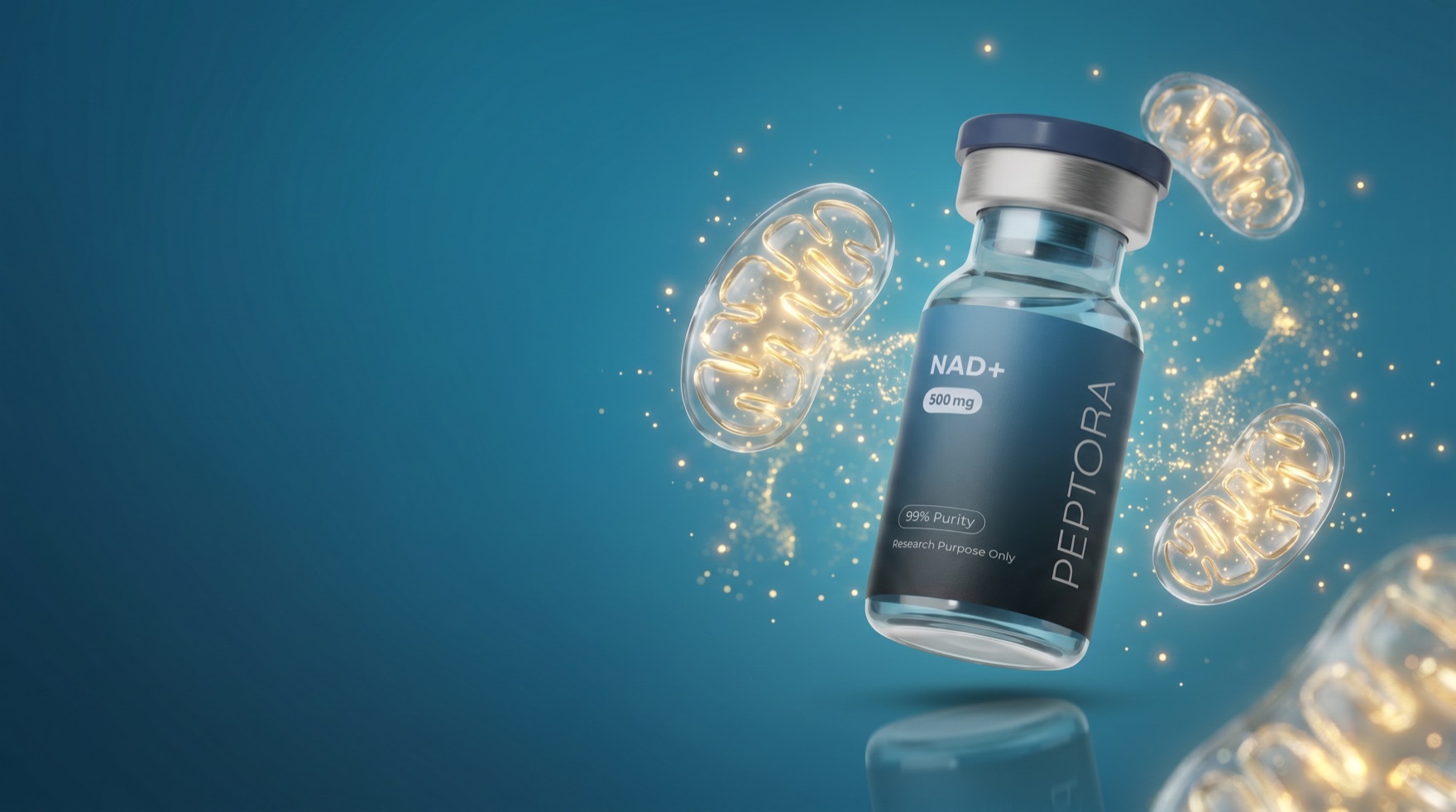 NAD+ research vial amid glowing mitochondria and cellular-energy particles