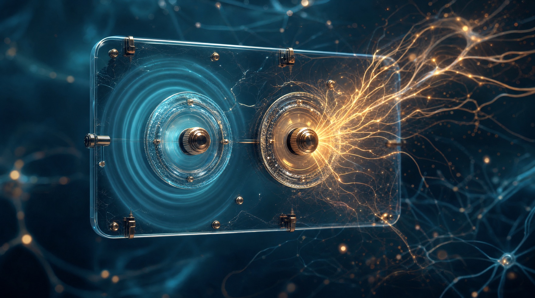 Two glass tuning dials on a floating panel β one emitting calm cool ripples, the other a branching burst of golden light