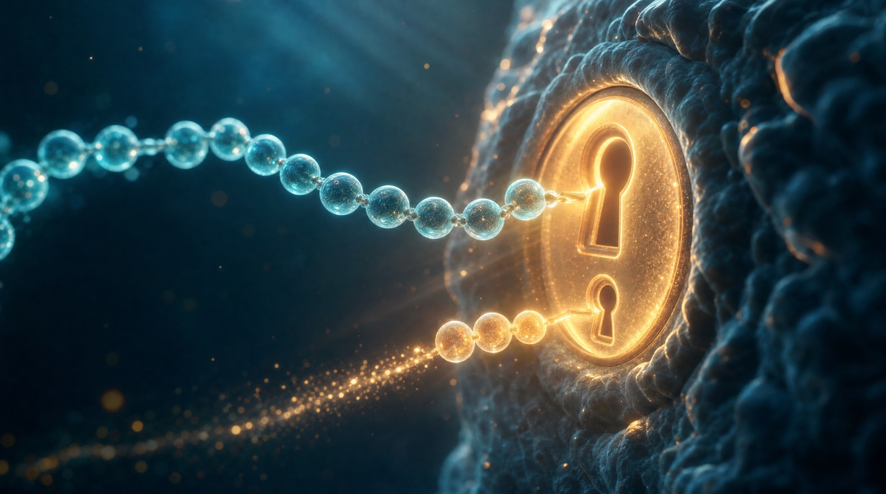A long peptide chain and a short five-piece chain approaching two different keyholes on one glowing receptor gateway