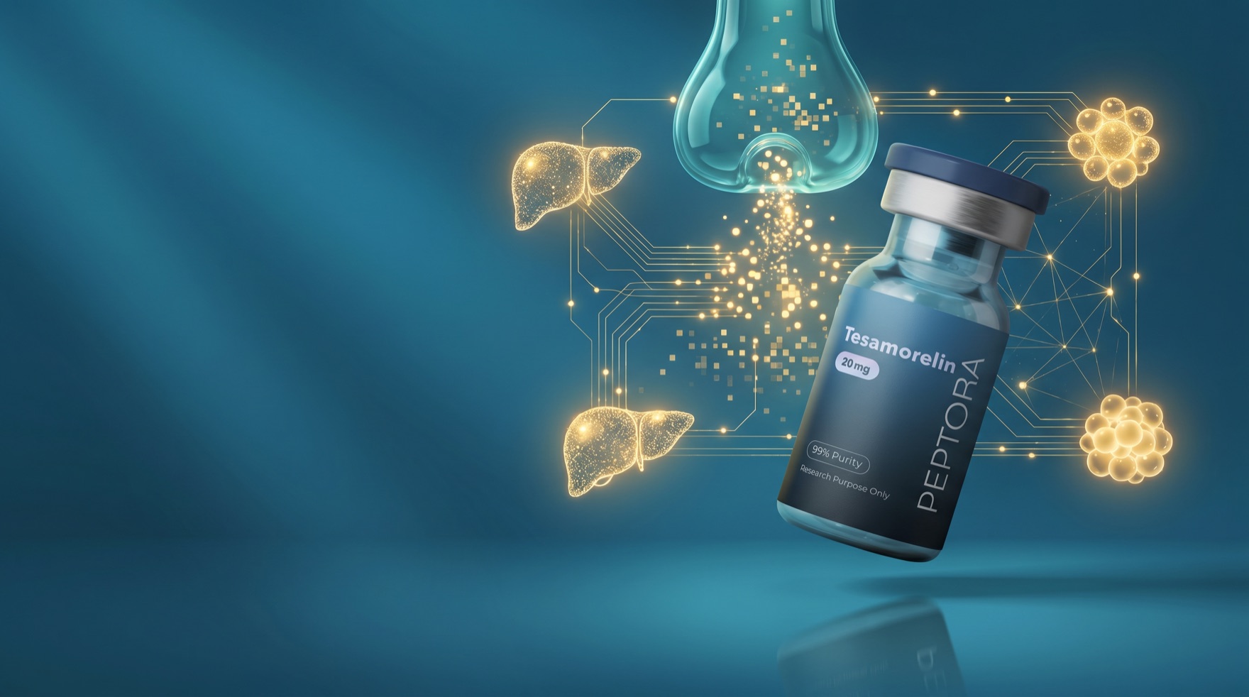 Tesamorelin research vial amid a growth-hormone and metabolic-signaling visualization