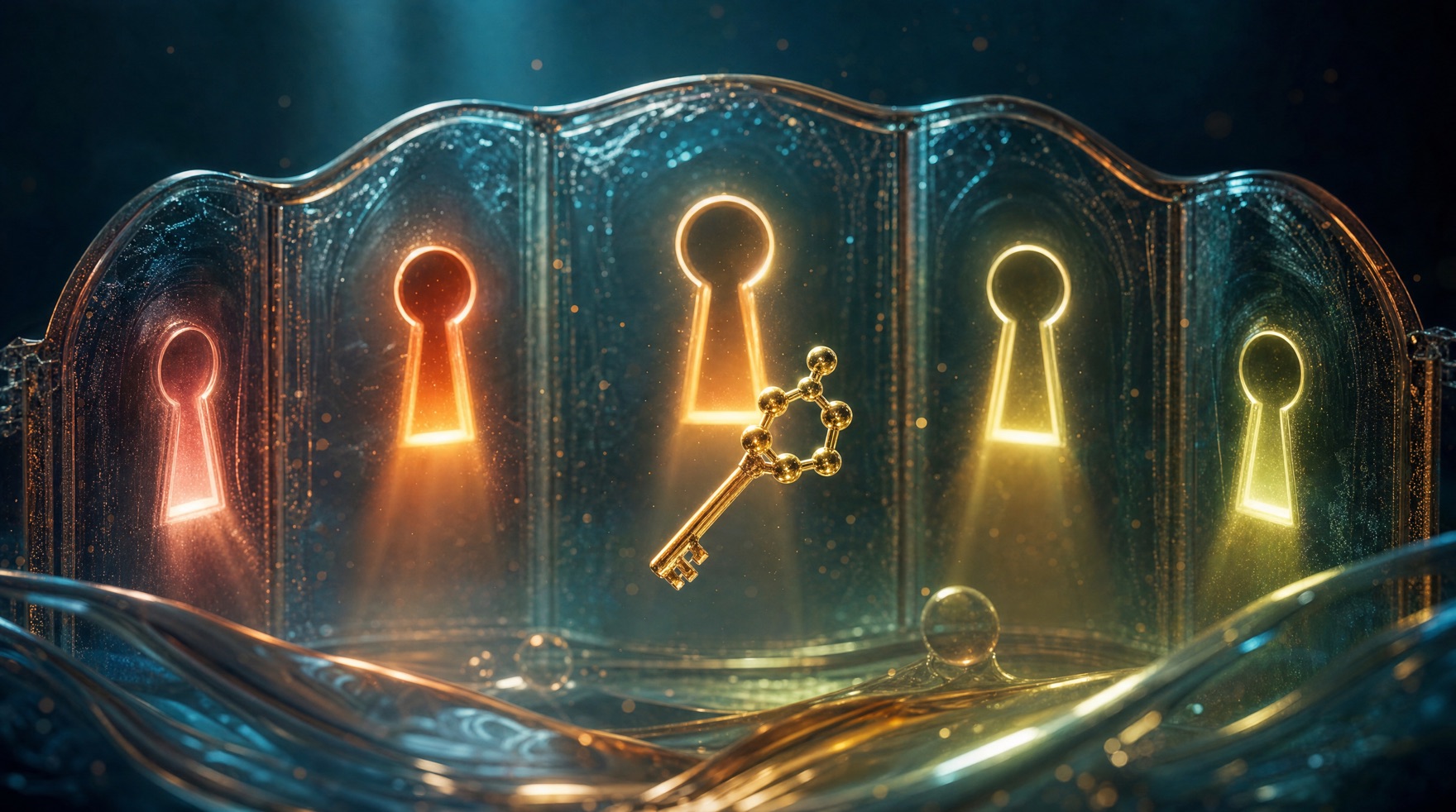 Five glowing keyholes in different warm hues across a curved glass gateway with a single golden key-shaped molecule β a visual metaphor for one peptide family and five melanocortin receptors