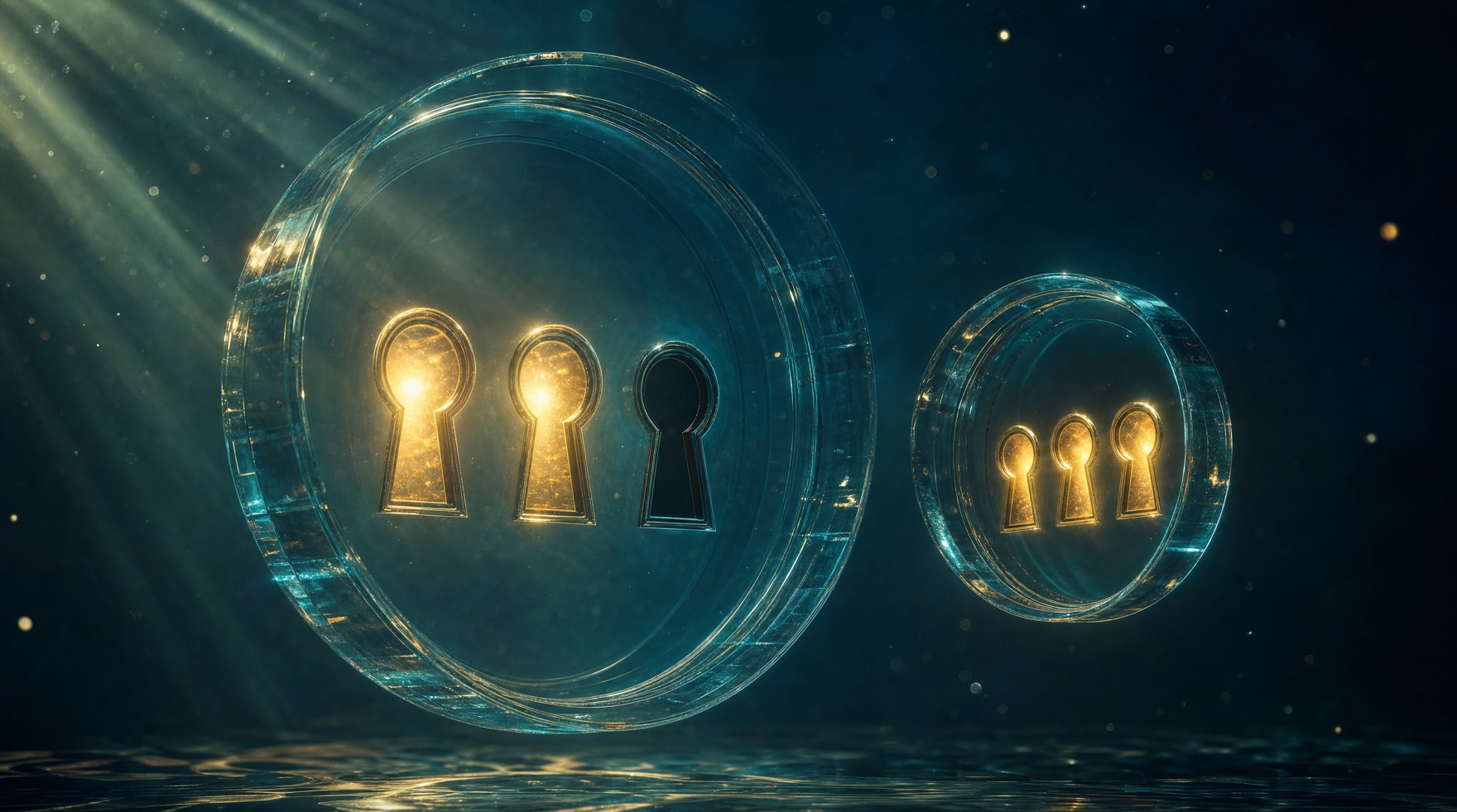 Two glass gateways, one with two lit keyholes and one dark, the other with all three lit β the dual-versus-triple comparison