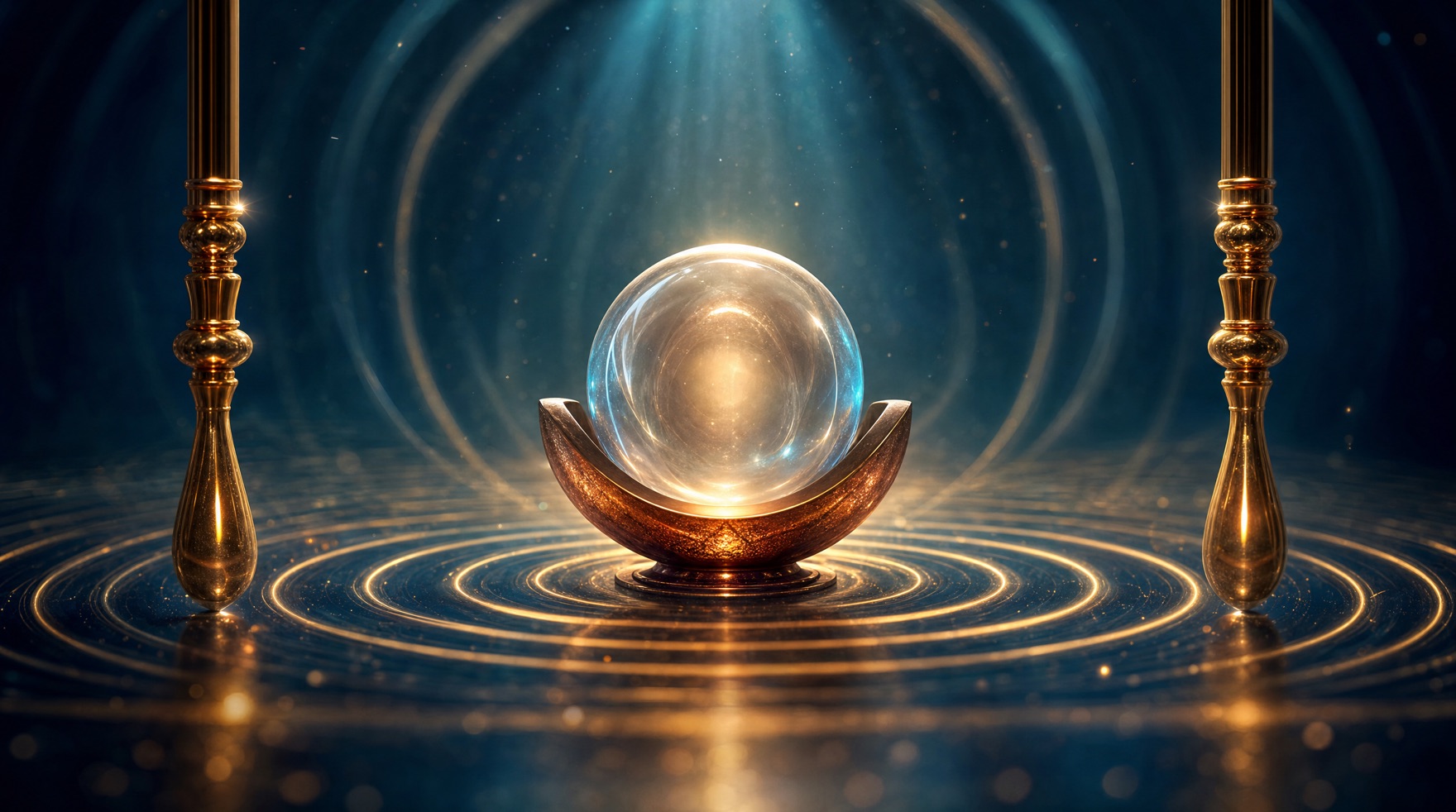 A luminous glass sphere flanked by two chime rods, rings of light pulsing outward β a visual metaphor for the two signals that prompt growth hormone release